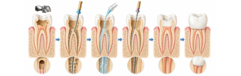 Schéma illustrant un retraitement endodontique